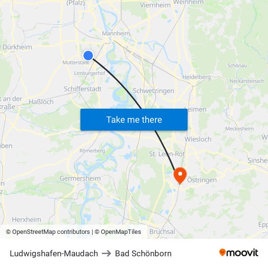 Ludwigshafen-Maudach to Bad Schönborn map