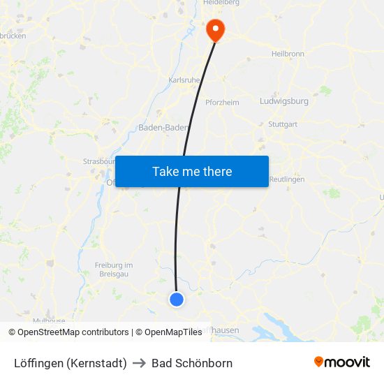 Löffingen (Kernstadt) to Bad Schönborn map