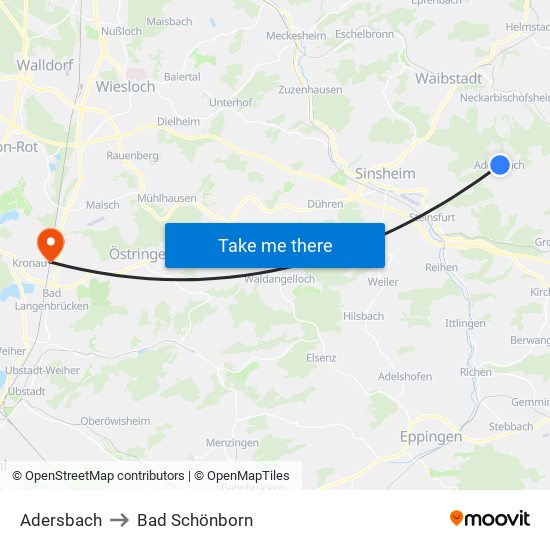 Adersbach to Bad Schönborn map