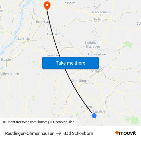 Reutlingen-Ohmenhausen to Bad Schönborn map