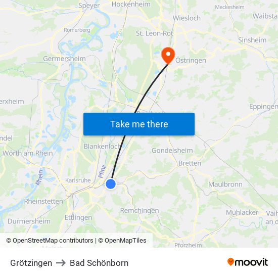 Grötzingen to Bad Schönborn map