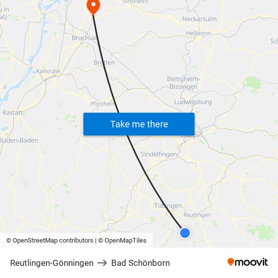 Reutlingen-Gönningen to Bad Schönborn map