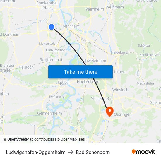 Ludwigshafen-Oggersheim to Bad Schönborn map