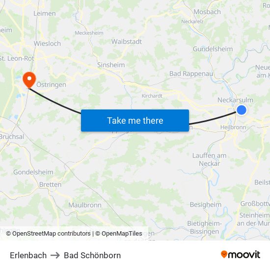 Erlenbach to Bad Schönborn map