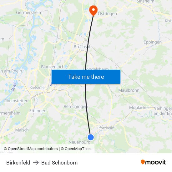 Birkenfeld to Bad Schönborn map