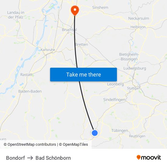 Bondorf to Bad Schönborn map