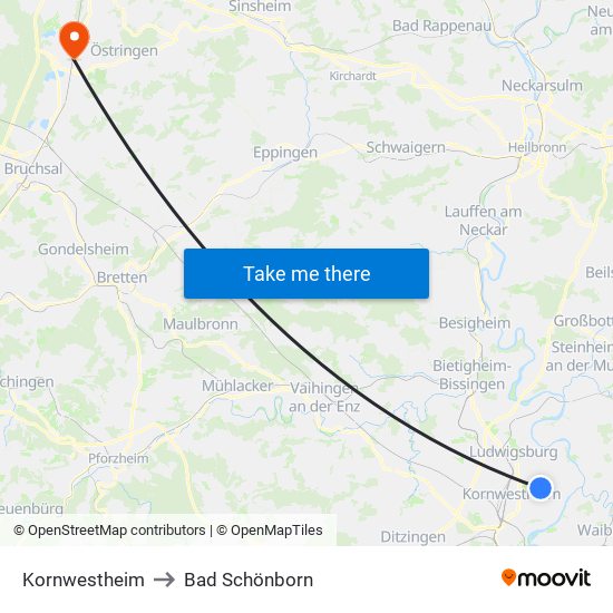 Kornwestheim to Bad Schönborn map