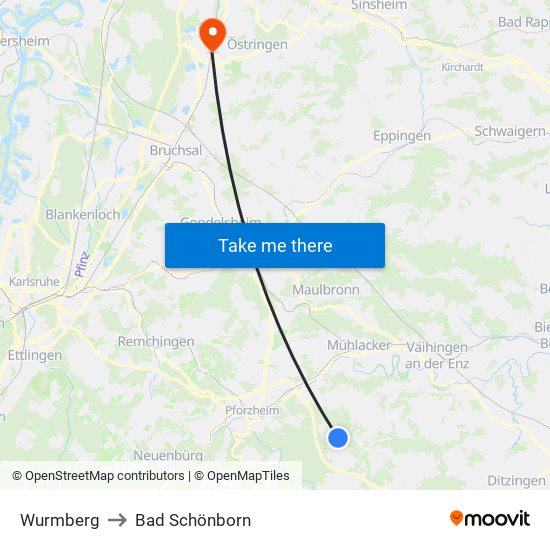 Wurmberg to Bad Schönborn map