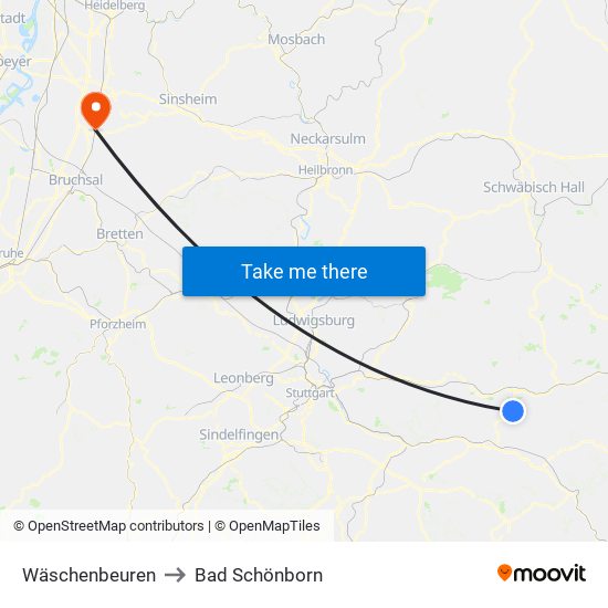 Wäschenbeuren to Bad Schönborn map