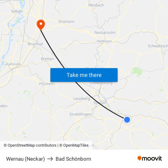 Wernau (Neckar) to Bad Schönborn map