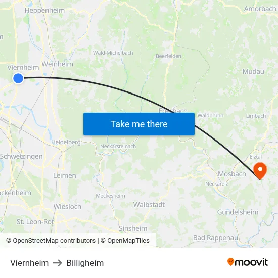 Viernheim to Billigheim map