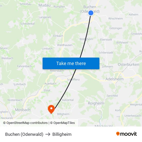 Buchen (Odenwald) to Billigheim map