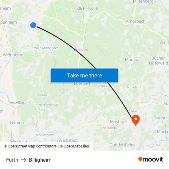 Fürth to Billigheim map