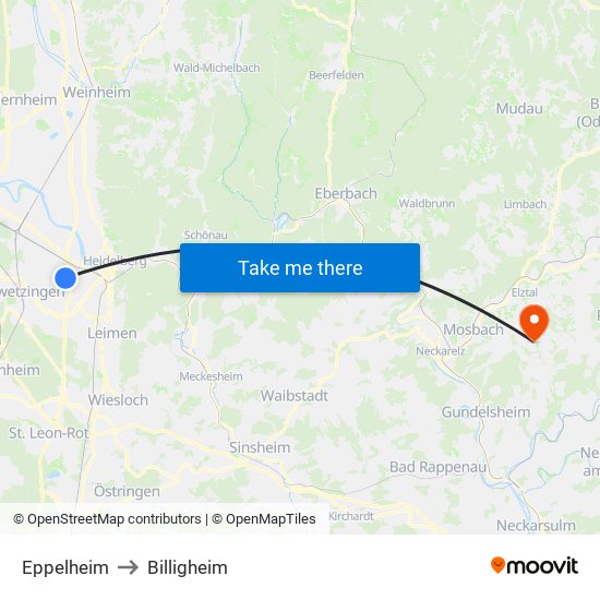 Eppelheim to Billigheim map