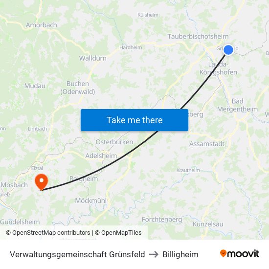 Verwaltungsgemeinschaft Grünsfeld to Billigheim map