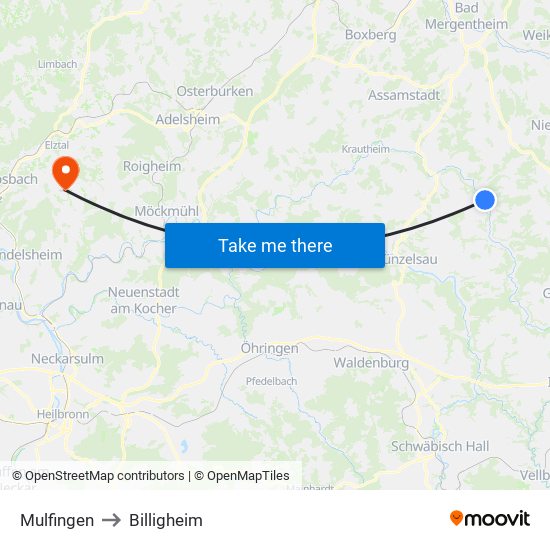 Mulfingen to Billigheim map