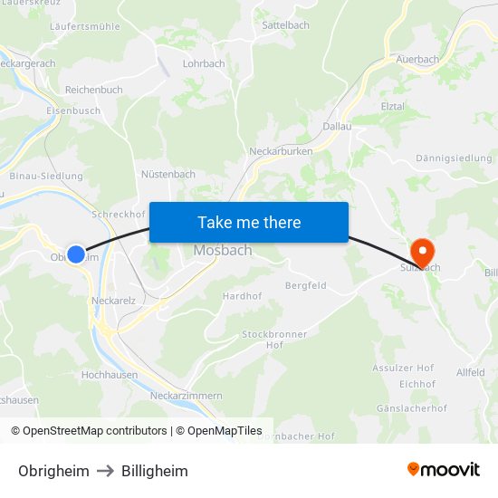 Obrigheim to Billigheim map