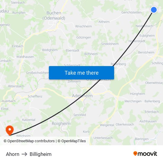 Ahorn to Billigheim map
