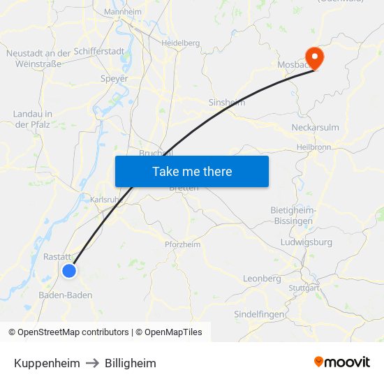 Kuppenheim to Billigheim map
