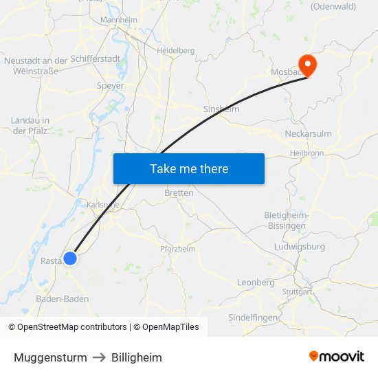 Muggensturm to Billigheim map