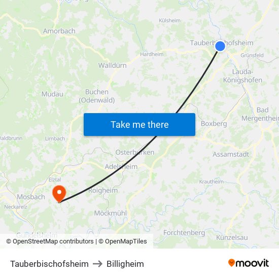 Tauberbischofsheim to Billigheim map