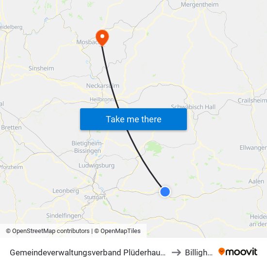 Gemeindeverwaltungsverband Plüderhausen-Urbach to Billigheim map