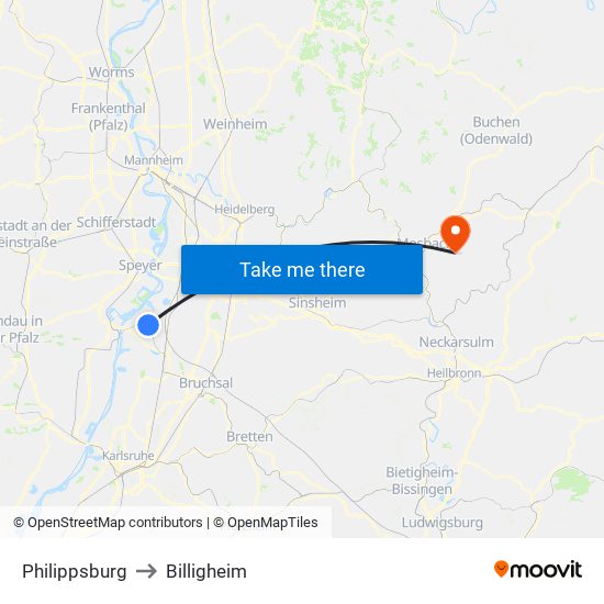 Philippsburg to Billigheim map