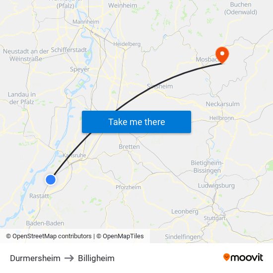 Durmersheim to Billigheim map