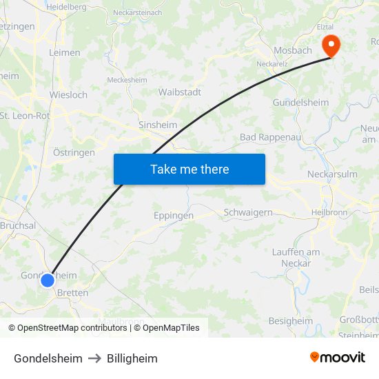 Gondelsheim to Billigheim map