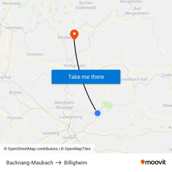 Backnang-Maubach to Billigheim map