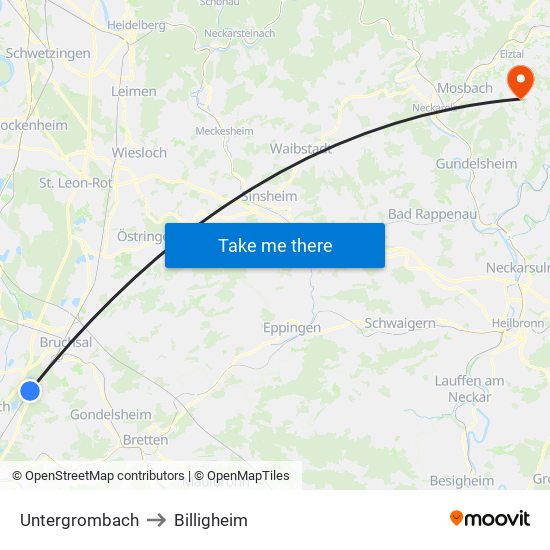 Untergrombach to Billigheim map