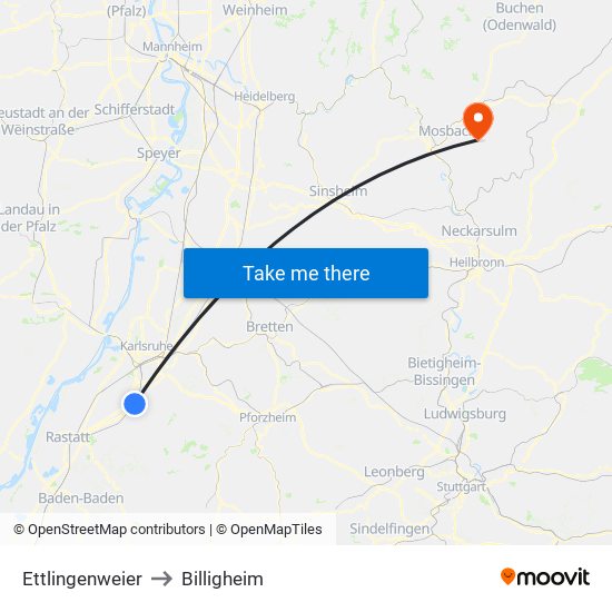 Ettlingenweier to Billigheim map