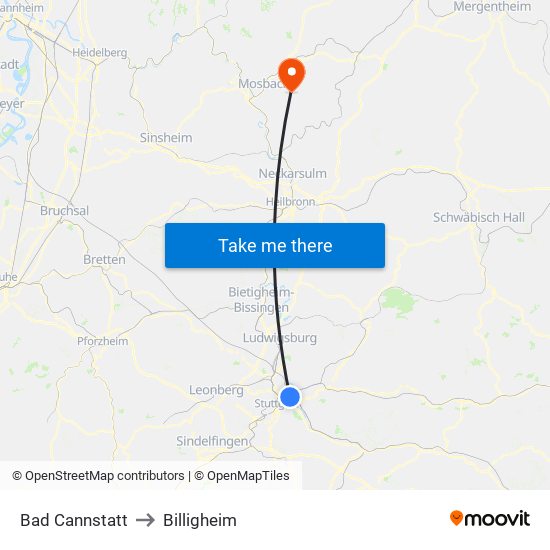 Bad Cannstatt to Billigheim map