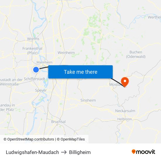 Ludwigshafen-Maudach to Billigheim map