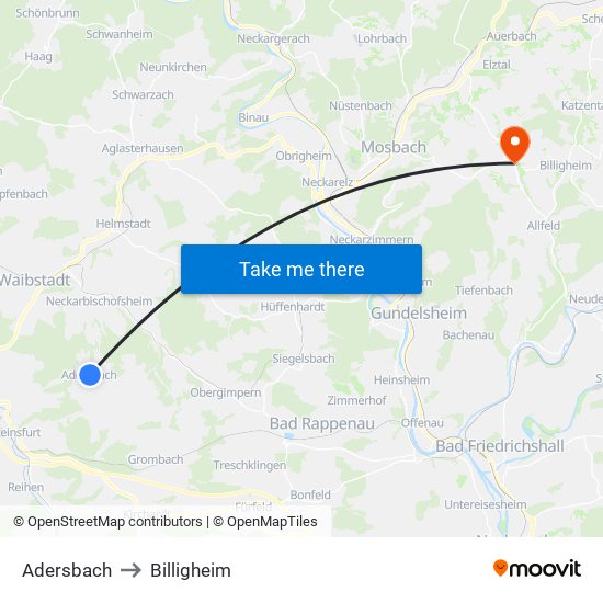 Adersbach to Billigheim map