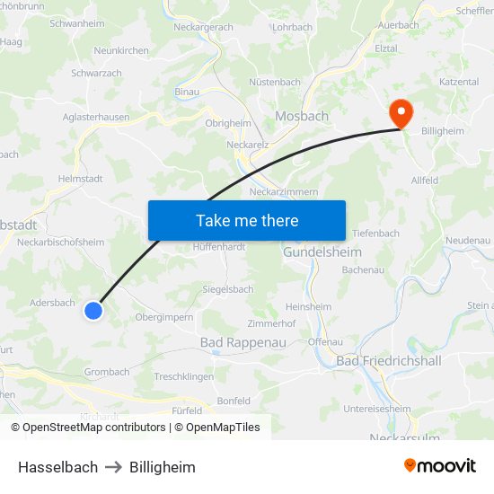 Hasselbach to Billigheim map