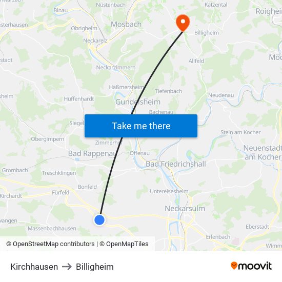 Kirchhausen to Billigheim map