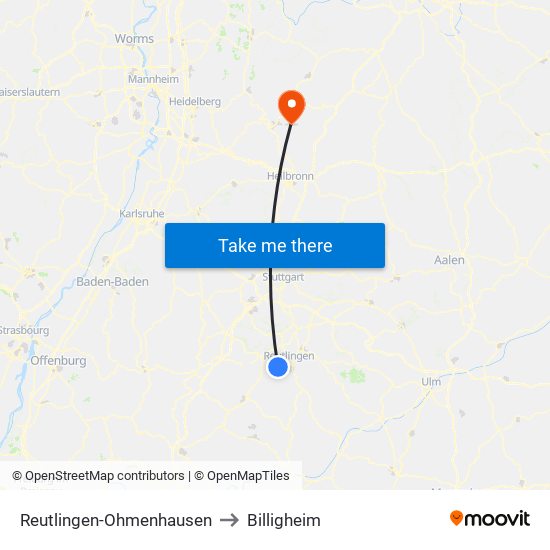 Reutlingen-Ohmenhausen to Billigheim map