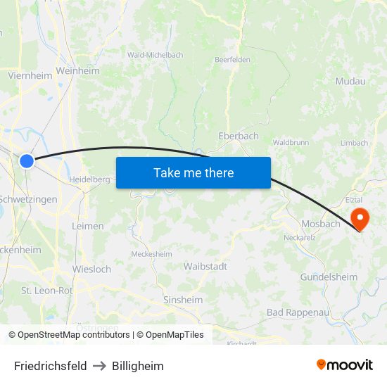 Friedrichsfeld to Billigheim map