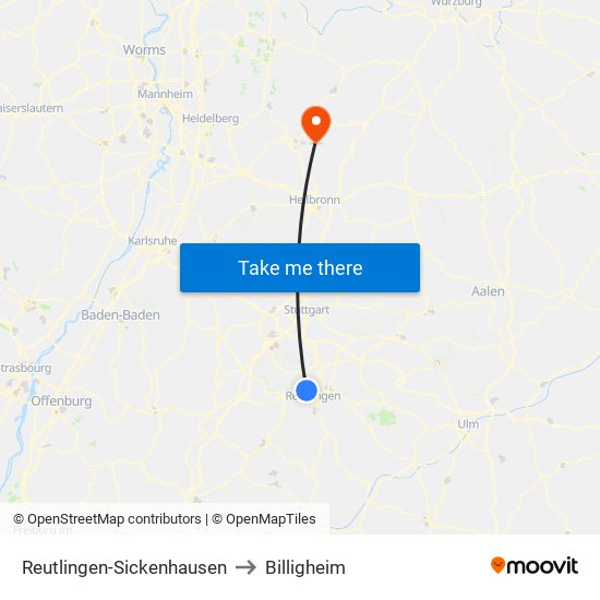 Reutlingen-Sickenhausen to Billigheim map