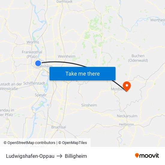 Ludwigshafen-Oppau to Billigheim map