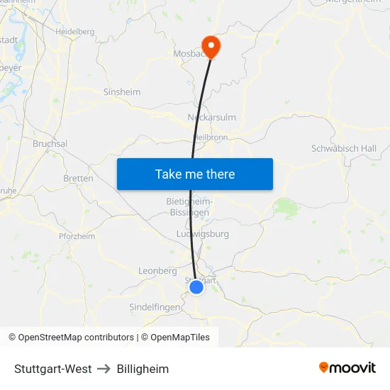 Stuttgart-West to Billigheim map
