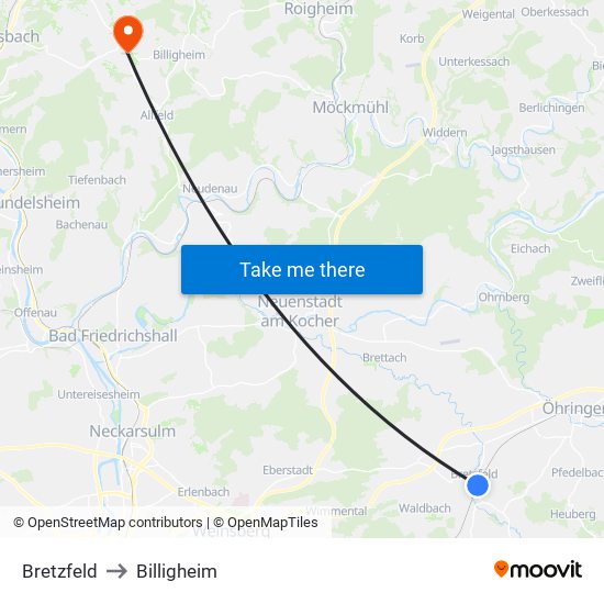 Bretzfeld to Billigheim map