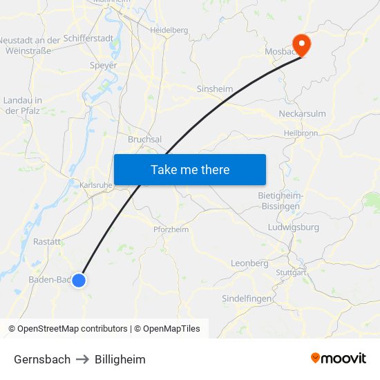 Gernsbach to Billigheim map
