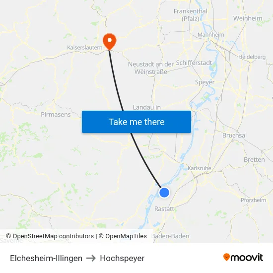 Elchesheim-Illingen to Hochspeyer map