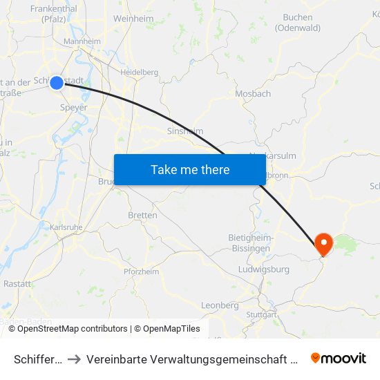 Schifferstadt to Vereinbarte Verwaltungsgemeinschaft Der Stadt Backnang map