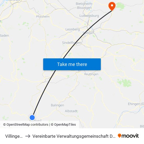 Villingendorf to Vereinbarte Verwaltungsgemeinschaft Der Stadt Backnang map