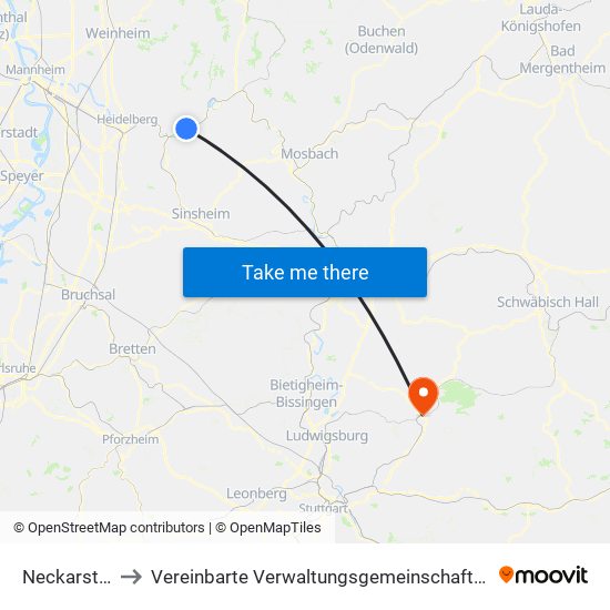 Neckarsteinach to Vereinbarte Verwaltungsgemeinschaft Der Stadt Backnang map
