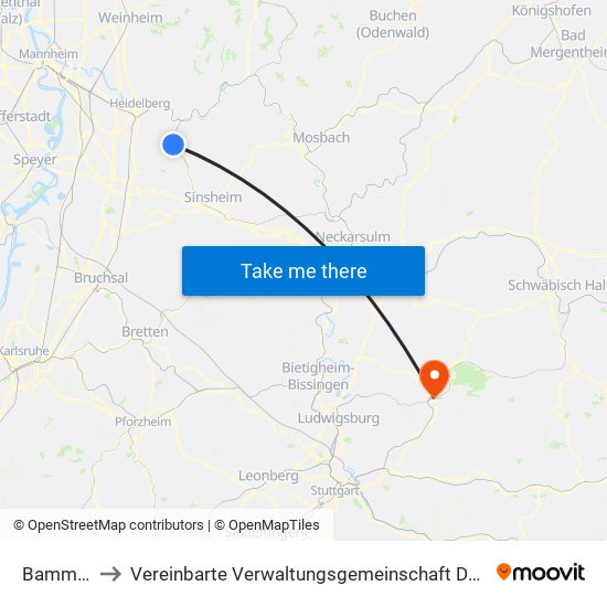 Bammental to Vereinbarte Verwaltungsgemeinschaft Der Stadt Backnang map