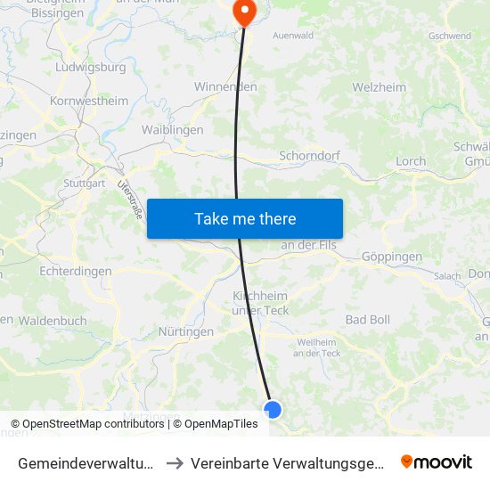 Gemeindeverwaltungsverband Lenningen to Vereinbarte Verwaltungsgemeinschaft Der Stadt Backnang map